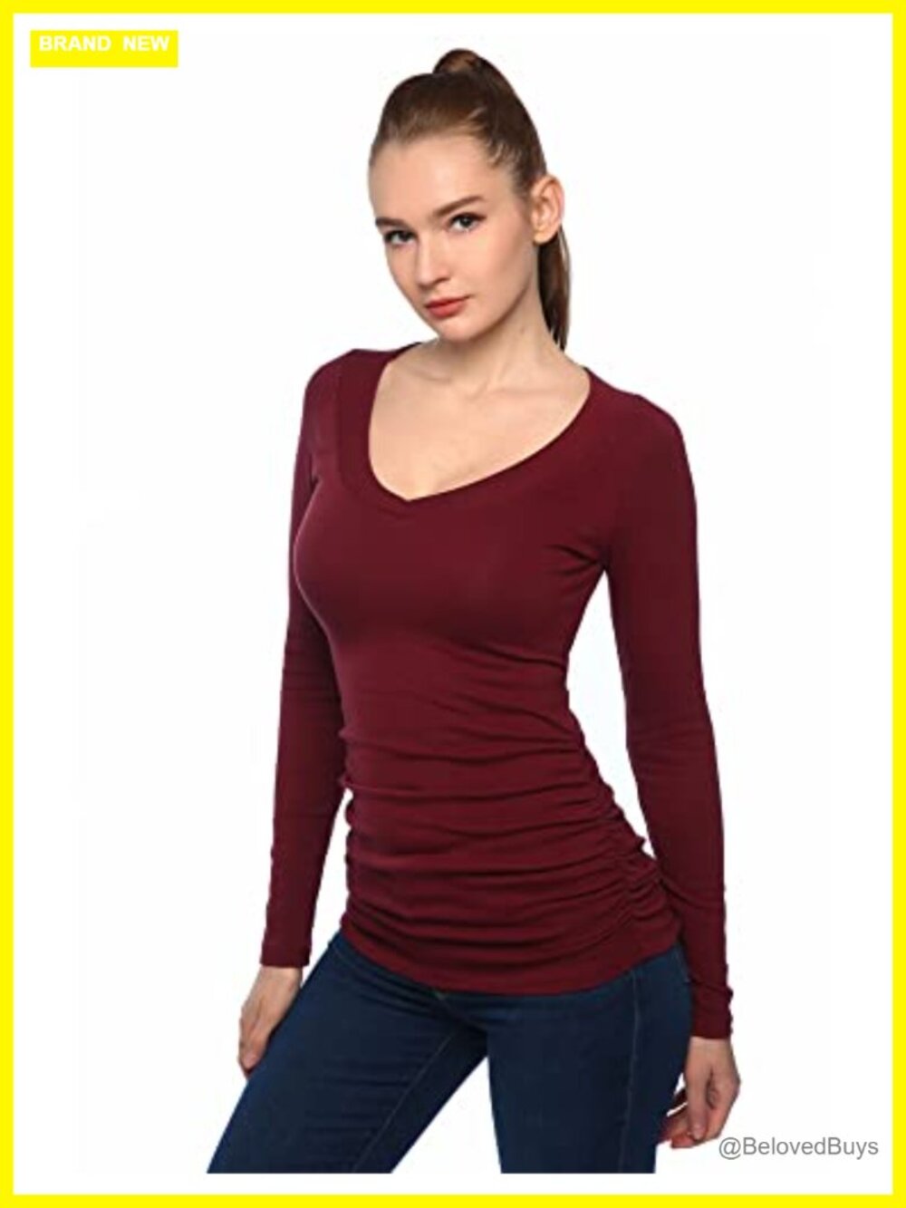 Women V Neck Raglan Long Sleeve Ruched Sides Top Slim Fit Blouse